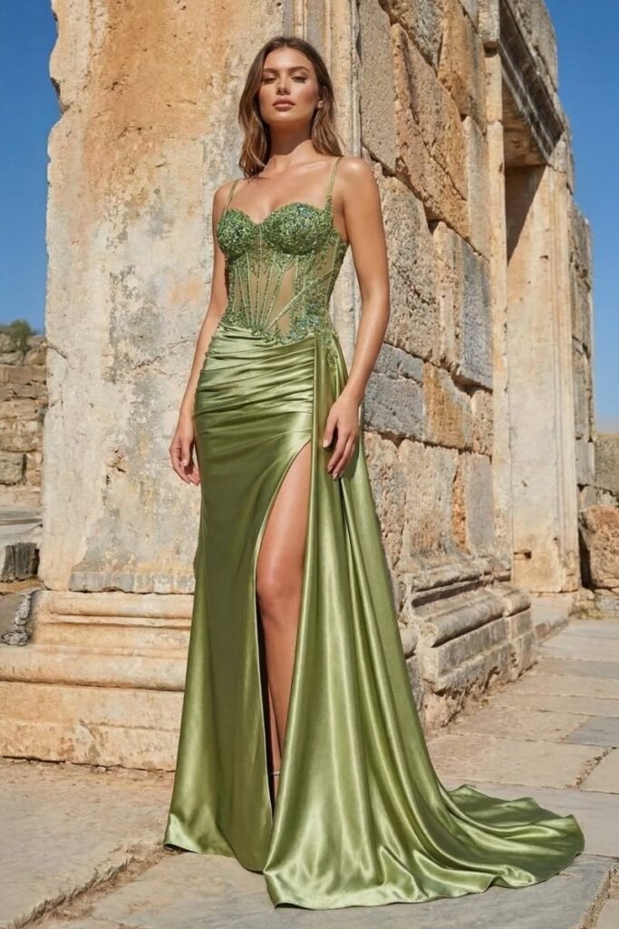 Silver Spaghetti Straps Mermaid Appliqued Prom Dress With Split